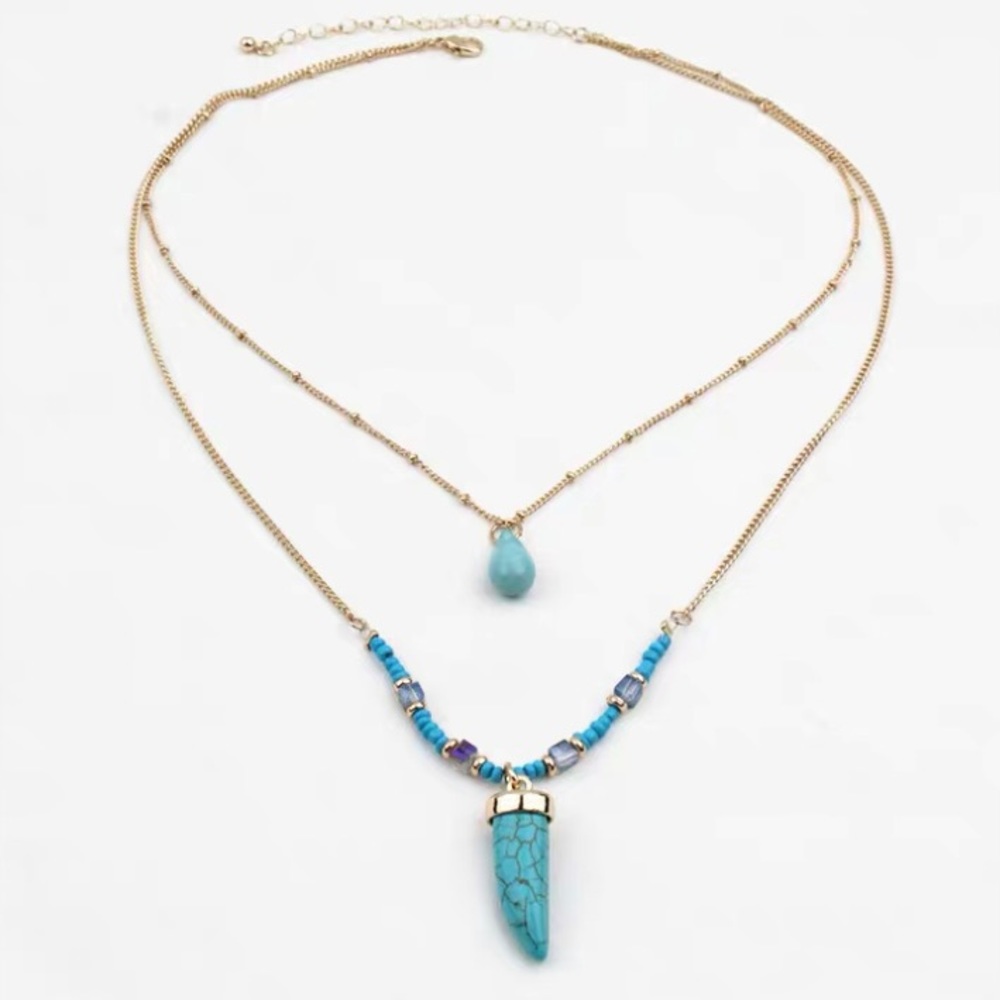 ❤️Seller’s Pick❤️ Turquoise Pendant Double Chain Long Necklace - Picture 4 of 15